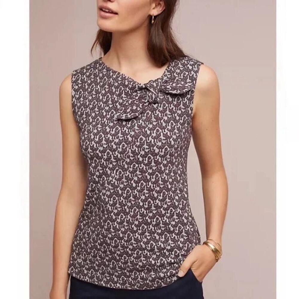 Anthro Maeve Cat Print Bow Knit Top XS Sleeveless Stretch